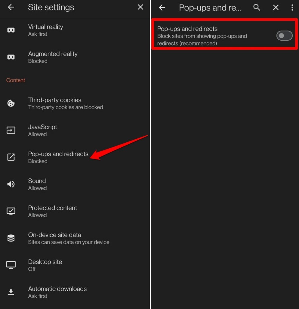 disable pop ups and redirects on Brave android