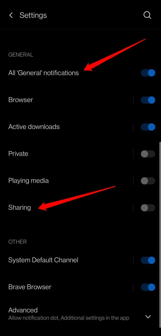 enable all general notifications on brave browser android