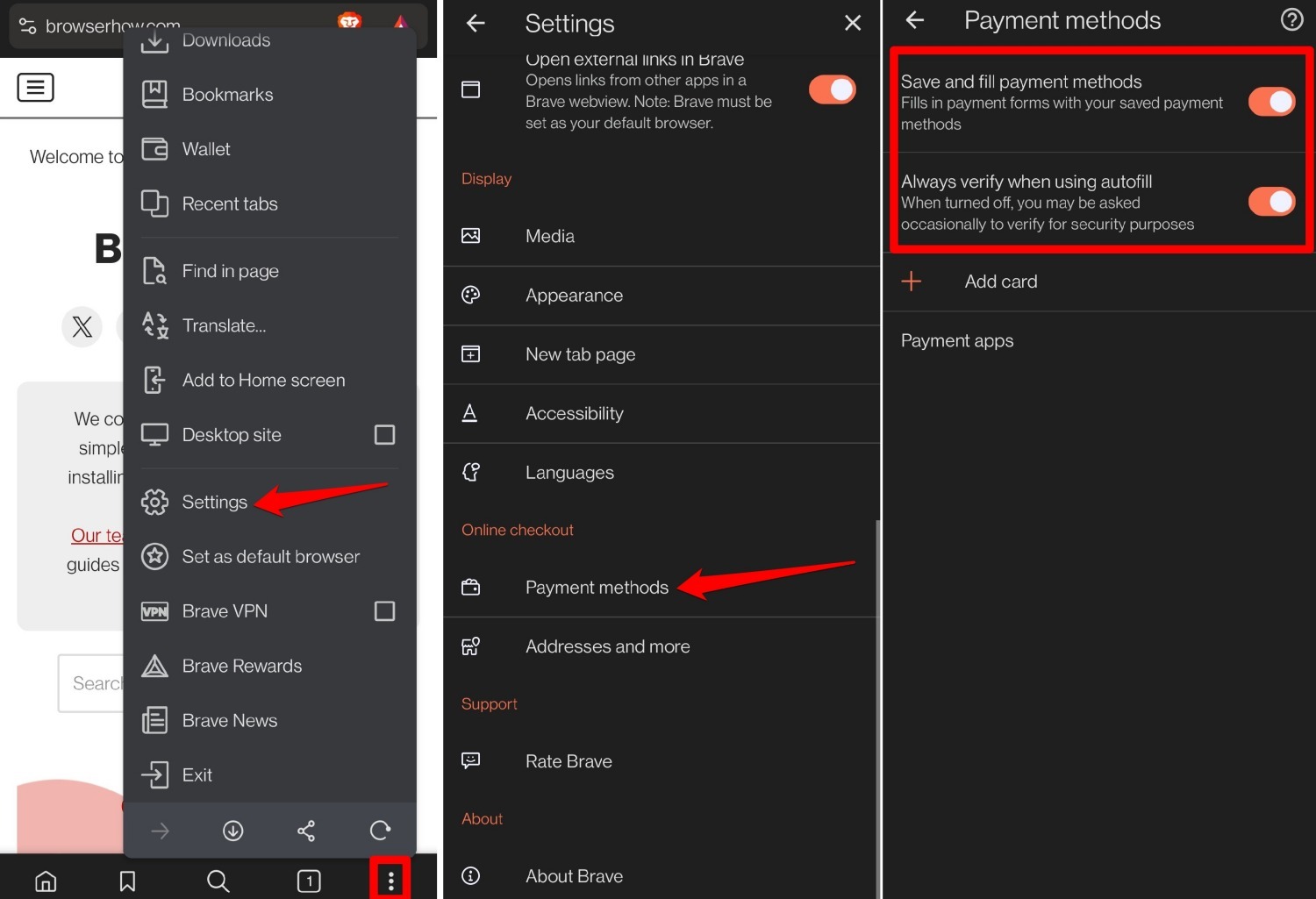 enable autofill payment on Brave browser android