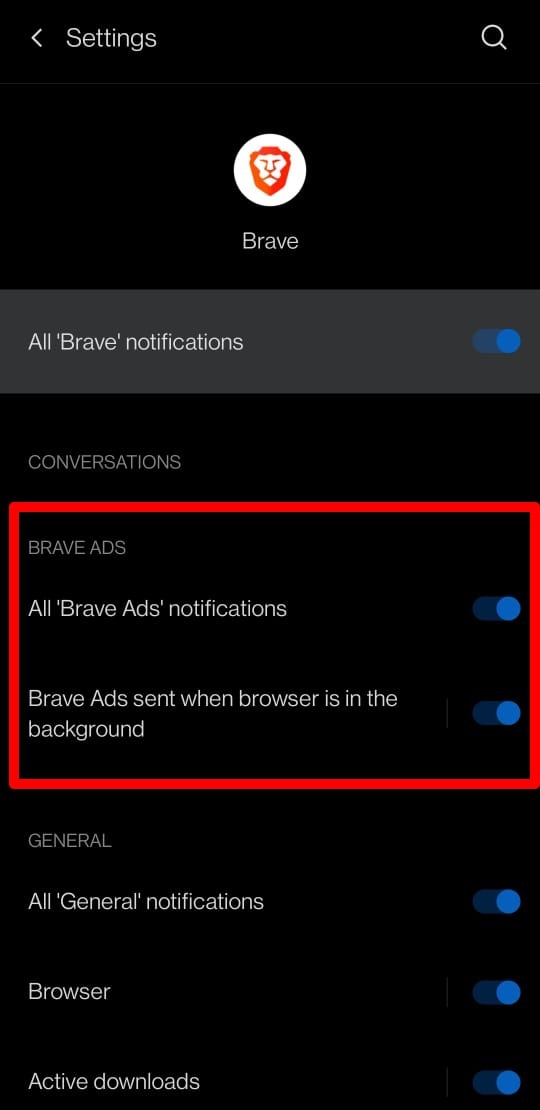 enable or disable all brave ads notifications