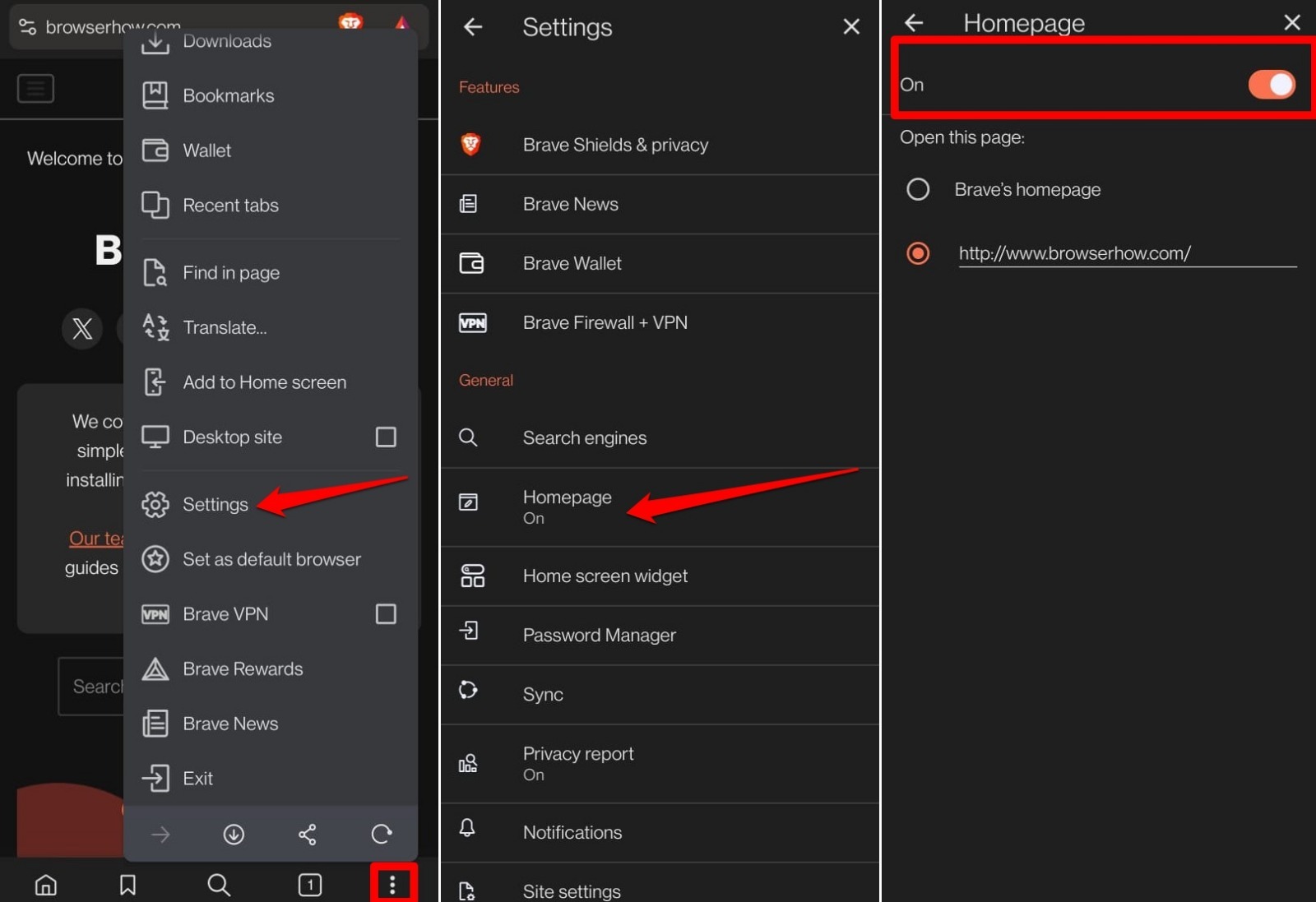 enable or disable homepage on Brave android
