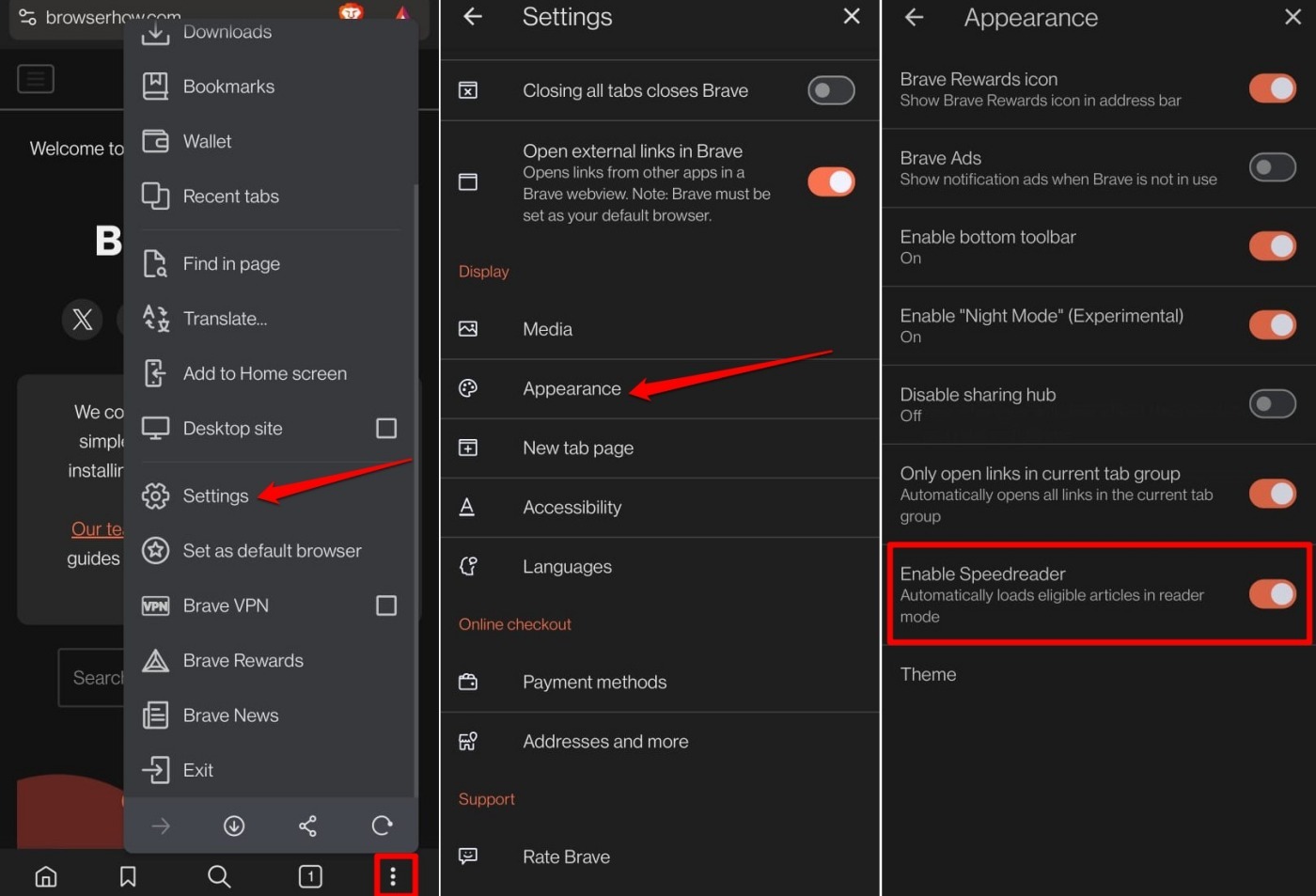 enable speedreader view in brave browser android