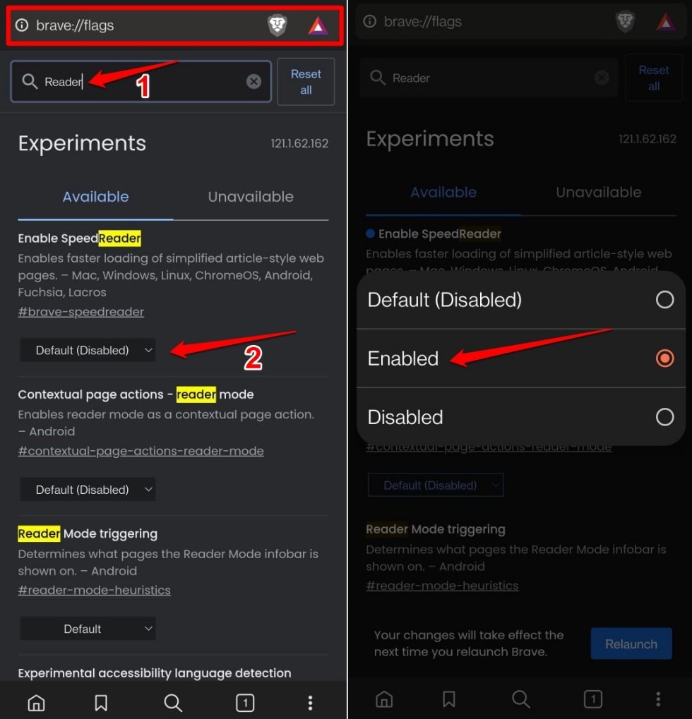 enable-the-speedreader flag in Brave browser android