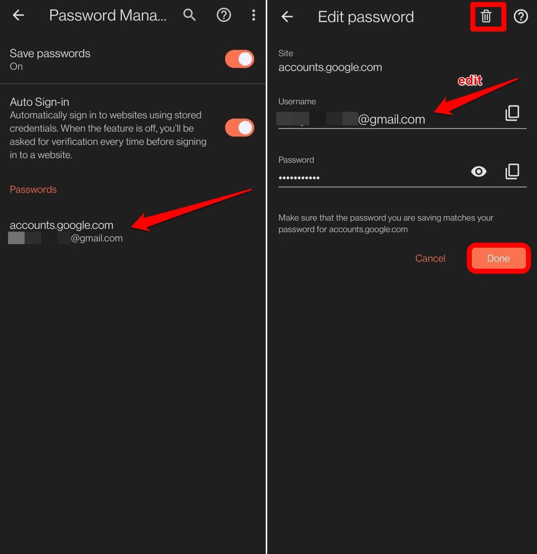 how-to-manage-saved passwords in brave browser in Android