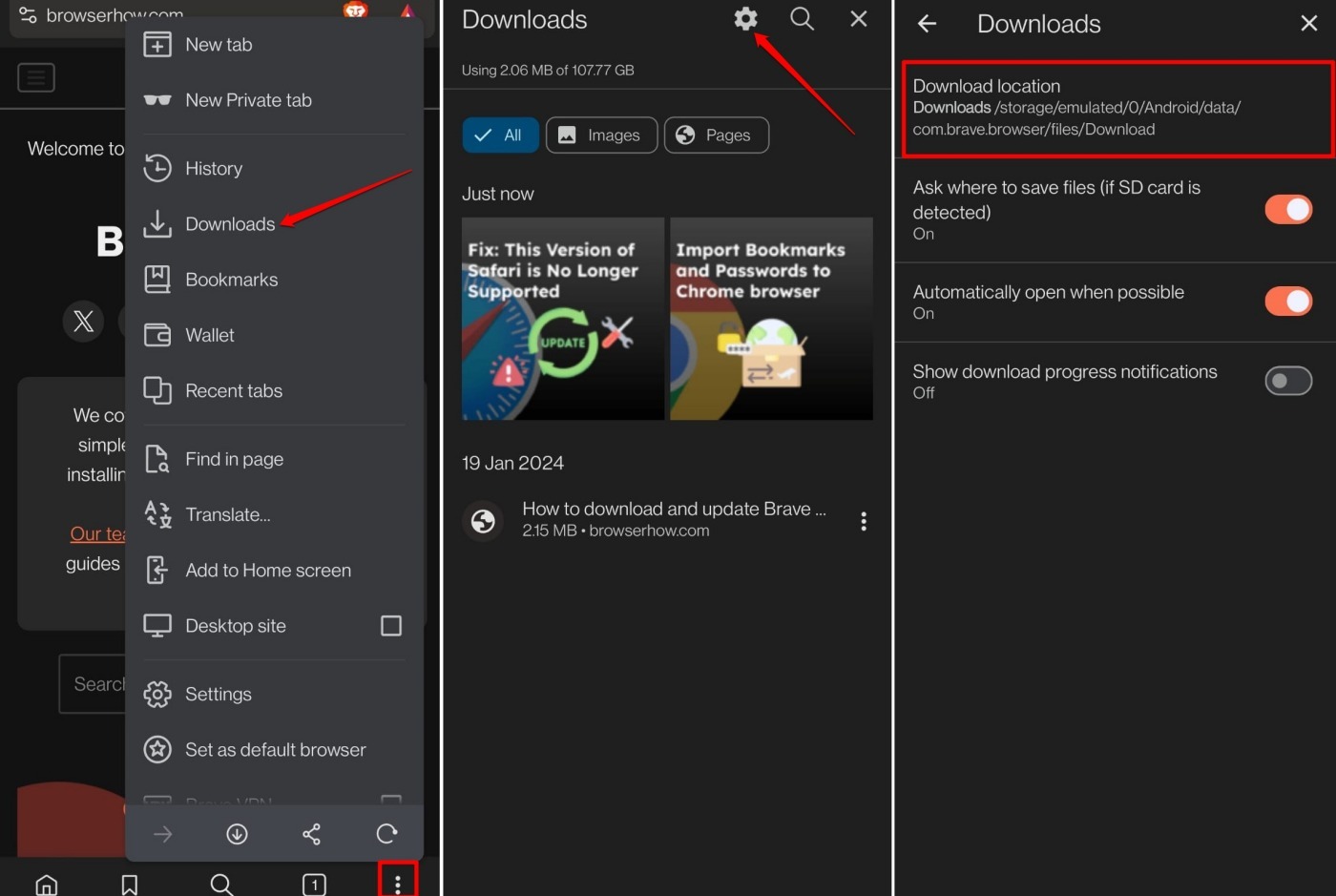 manage download settings in brave browser android