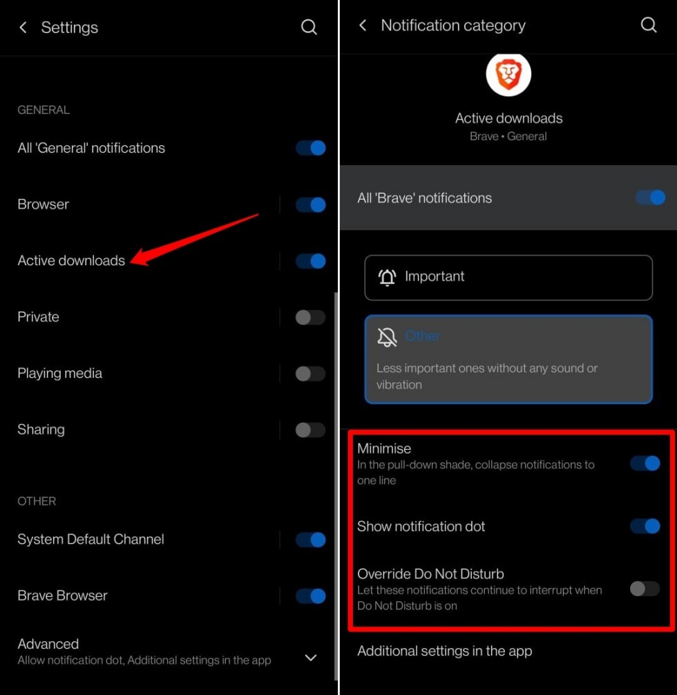 manage notification category options in brave android