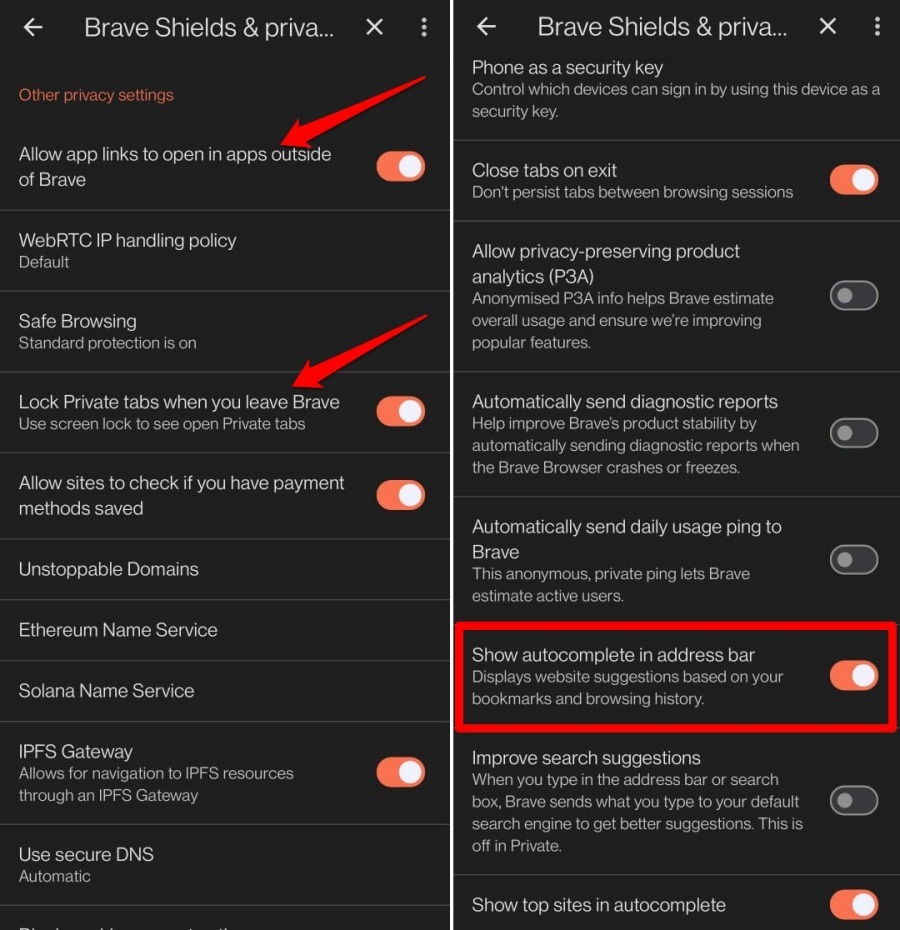 manage other privacy settings in brave browser android