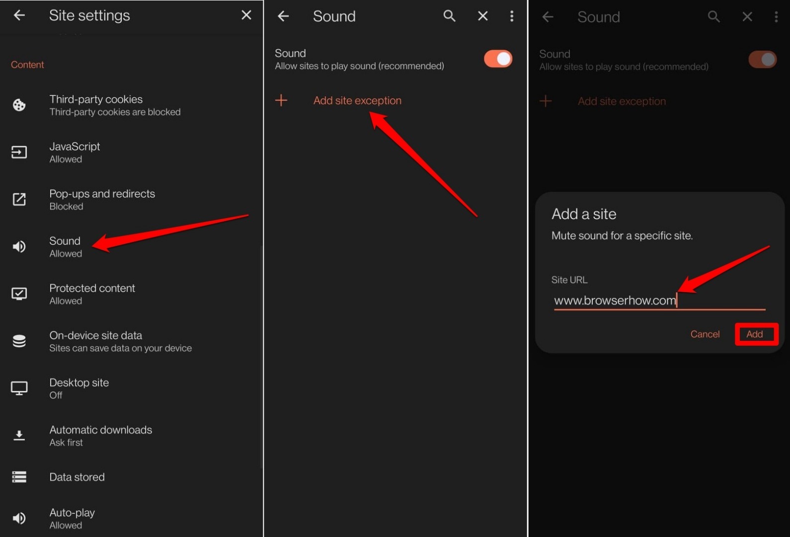 mute sound access for specific site on brave android