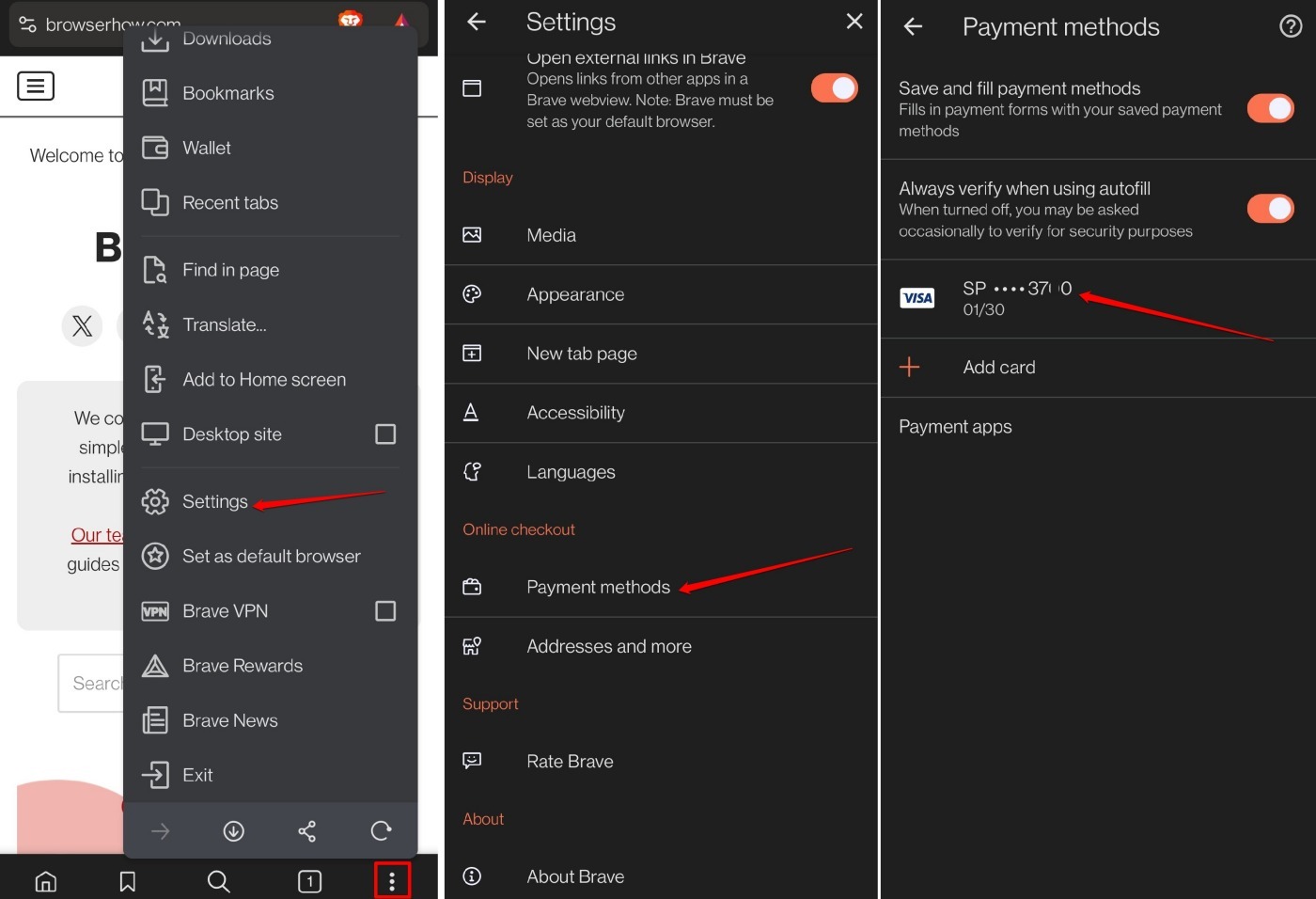 remove a payment method in brave browser android