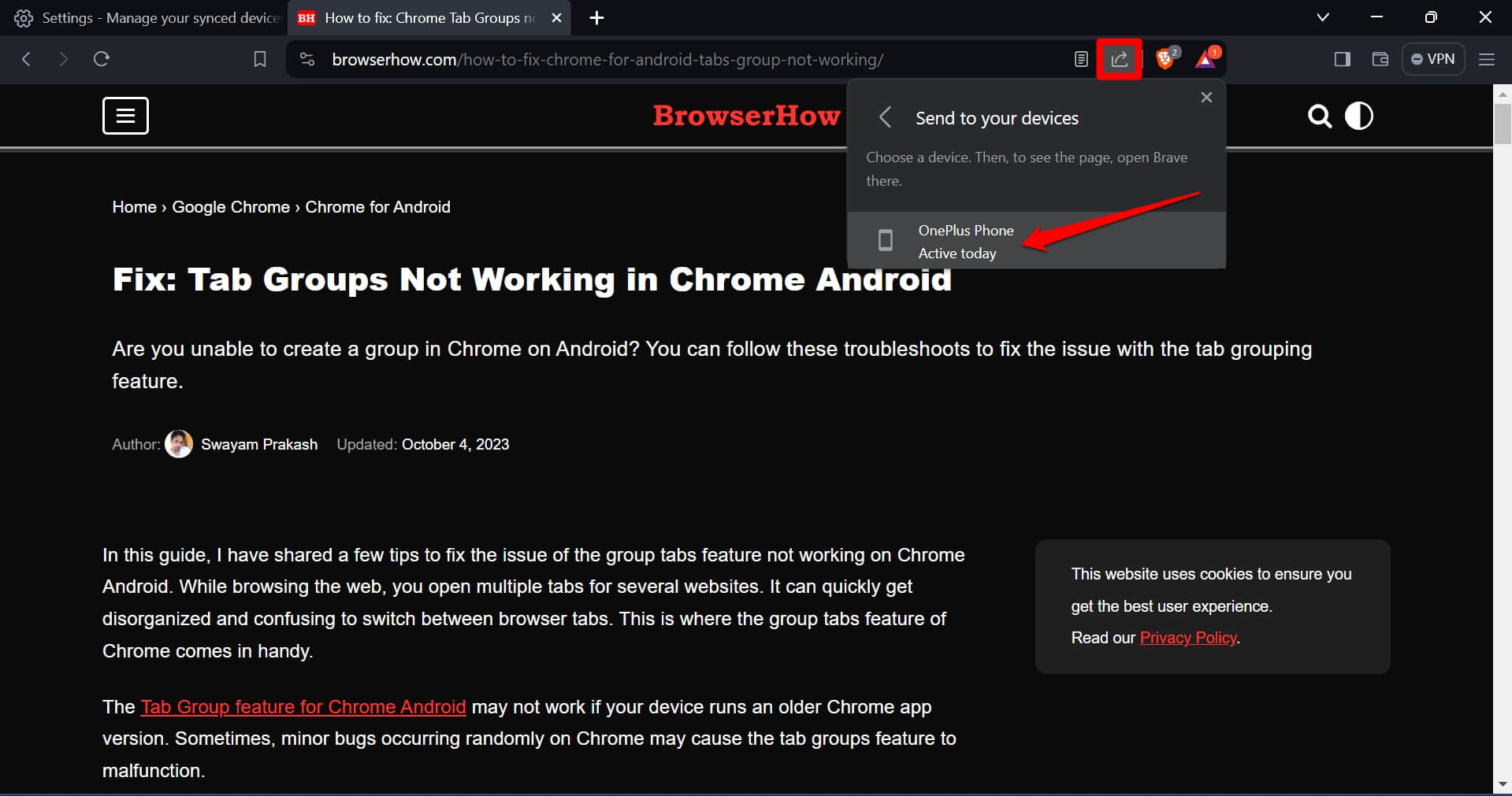 send a link from the PC to phone in Brave browser