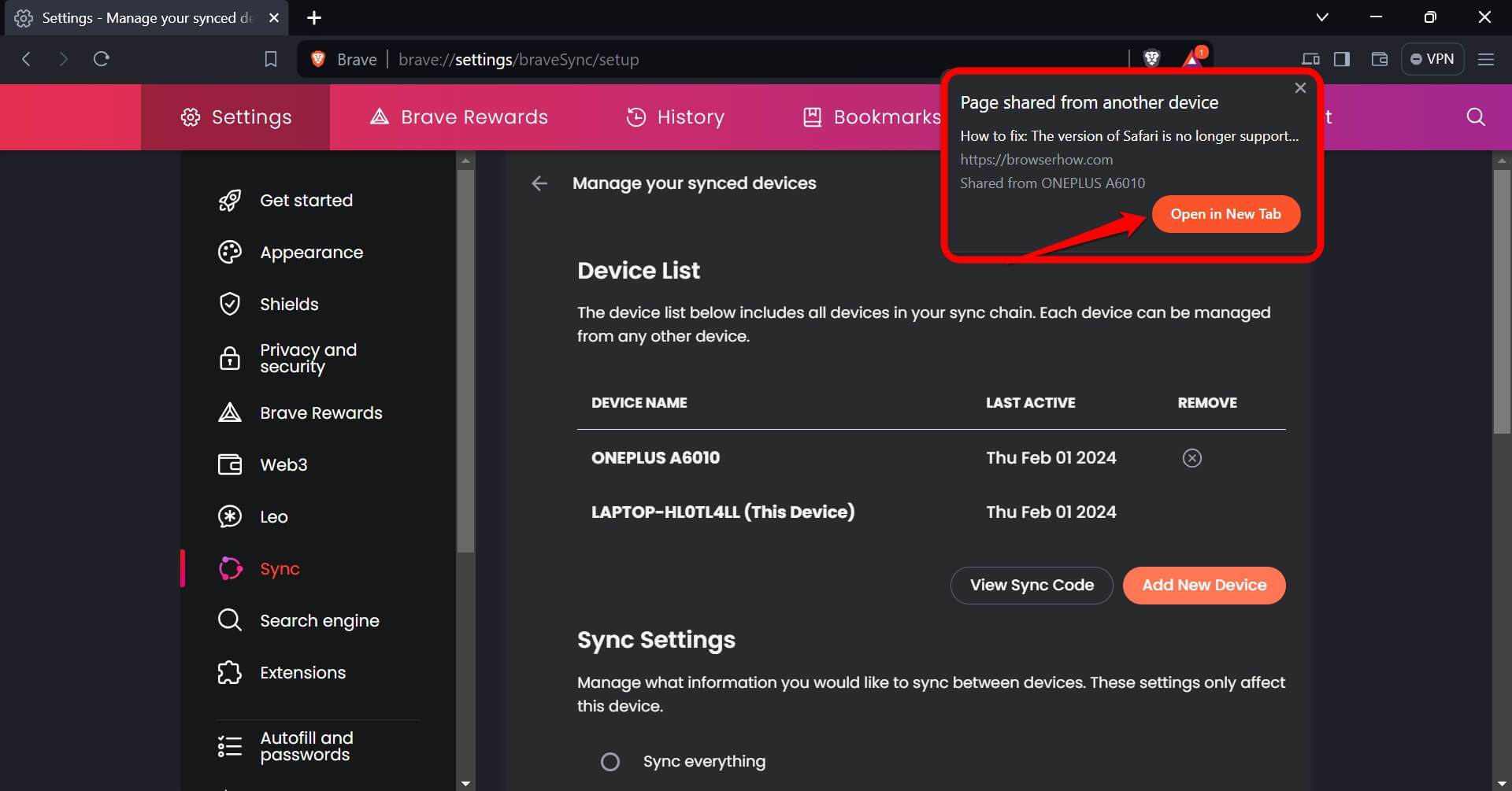send link to devices on brave browser android