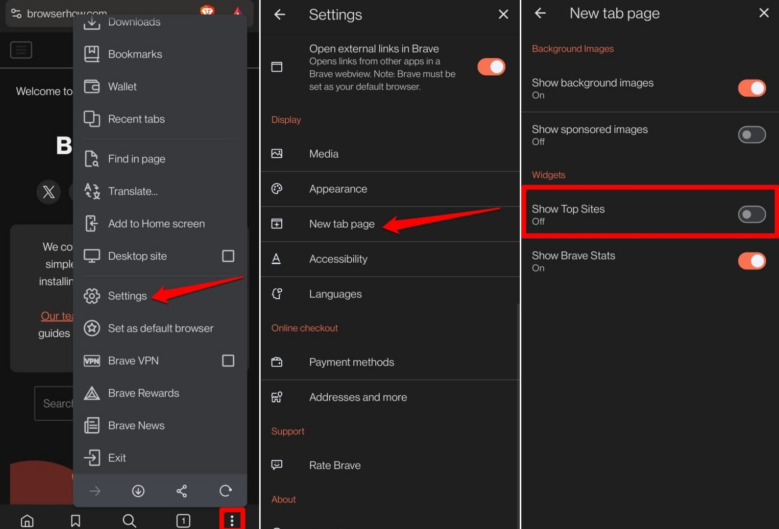 show or hide top sites recommendation on Brave android