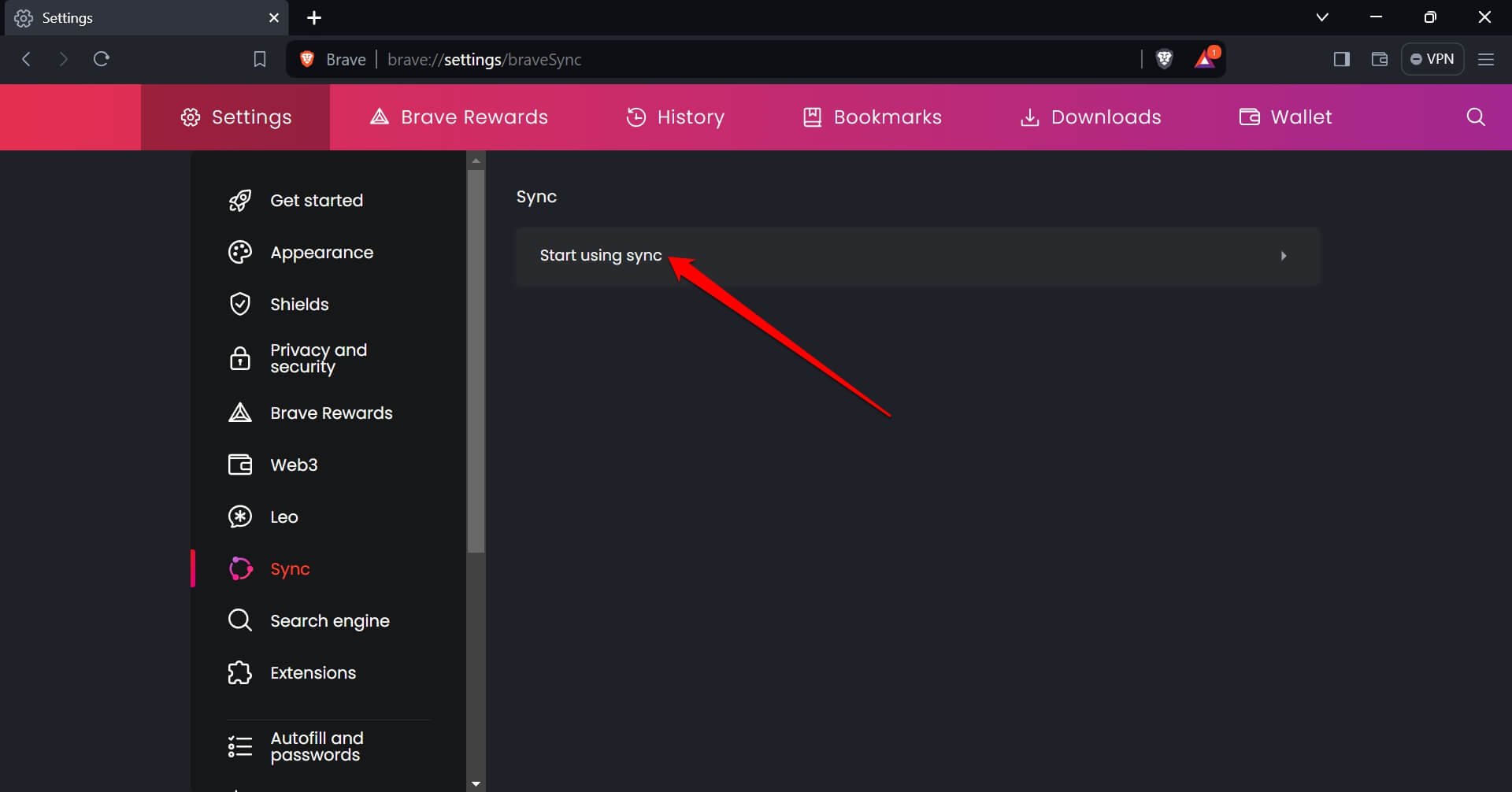 start using Brave sync on PC