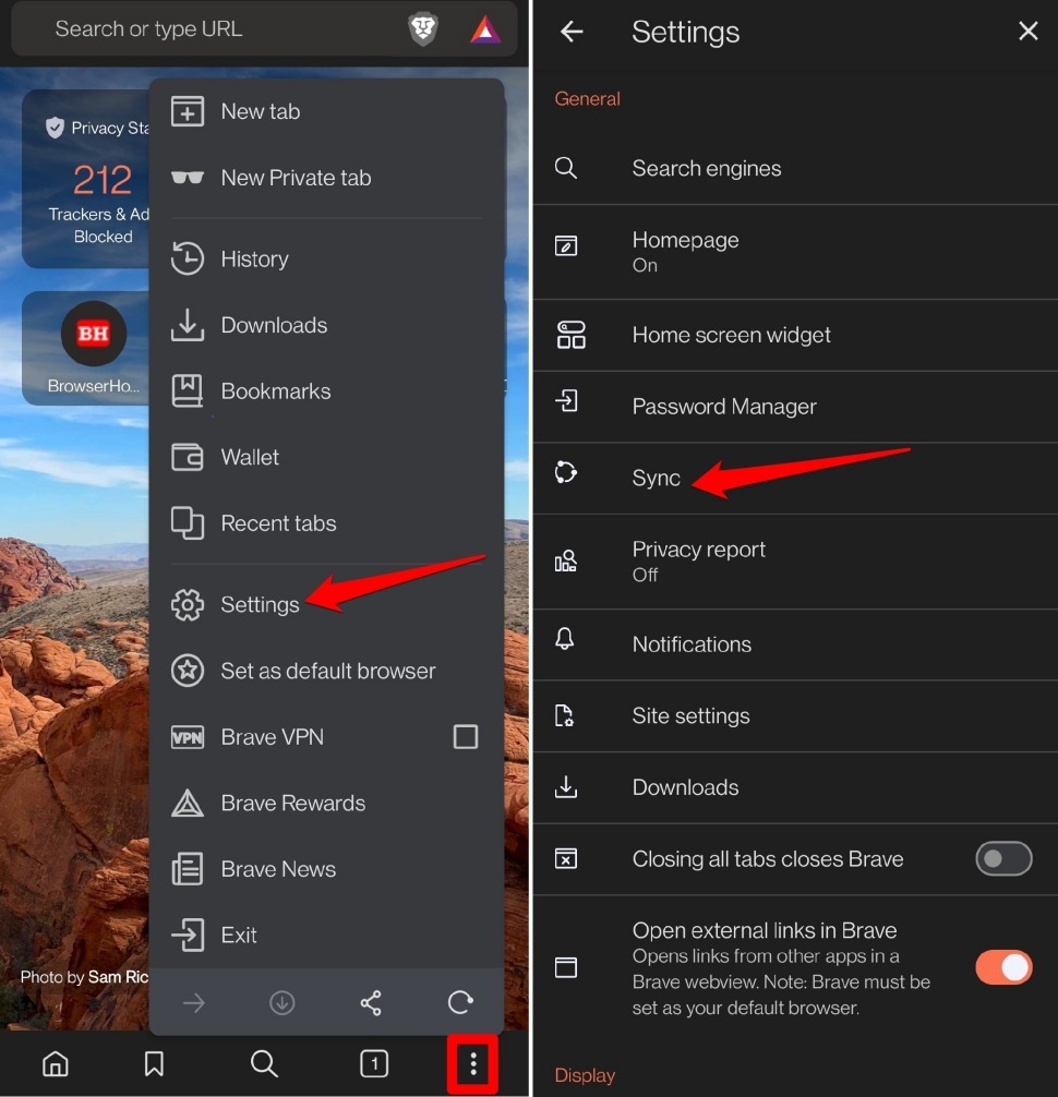 sync settings Brave browser android