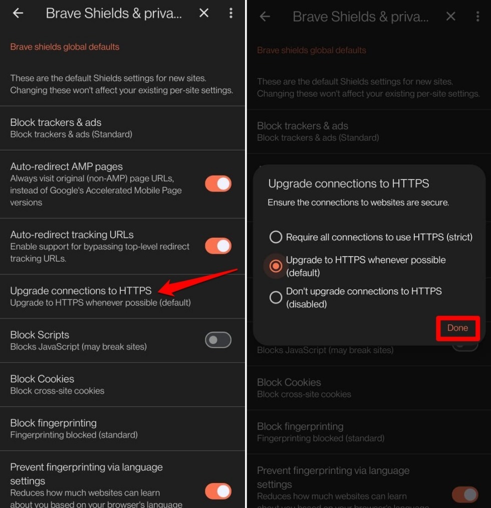 upgrade to HTTPS connection in brave browser android