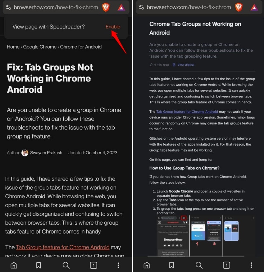 view-page-in-Speedreader mode Brave browser android