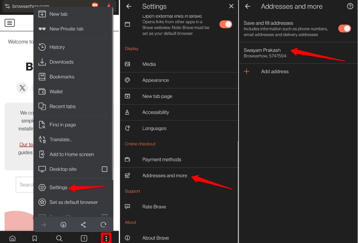 view saved address in brave browser android