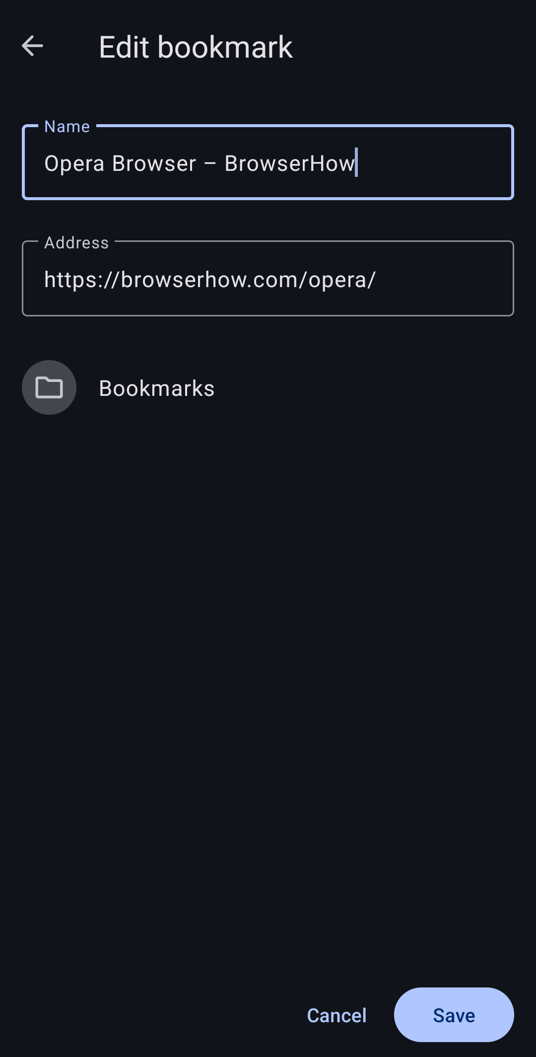 Edit Bookmark Screen in Opera on Android