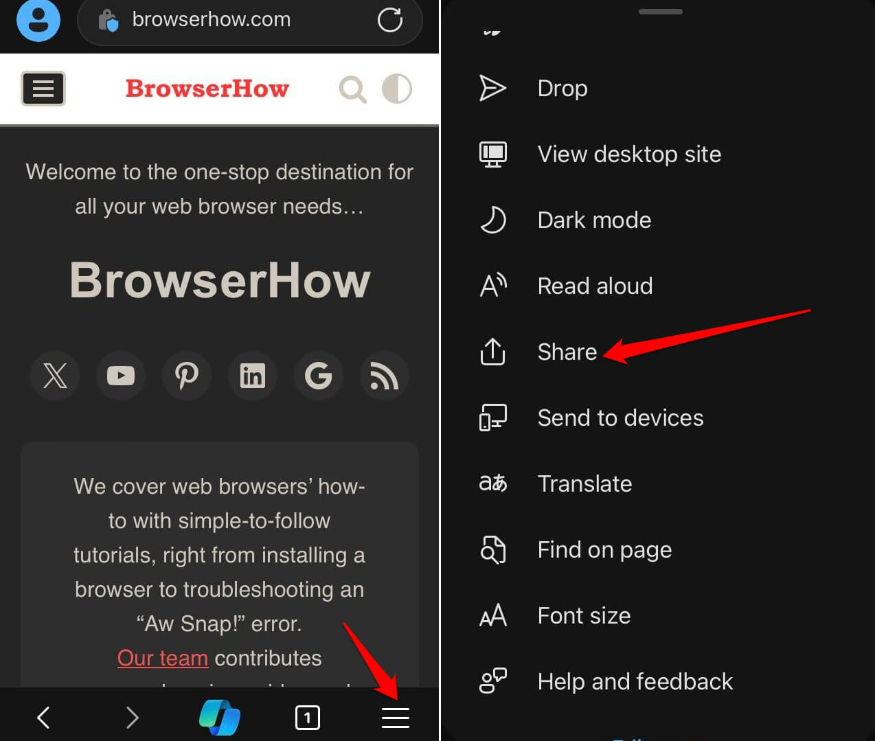 Share option in Edge app iOS