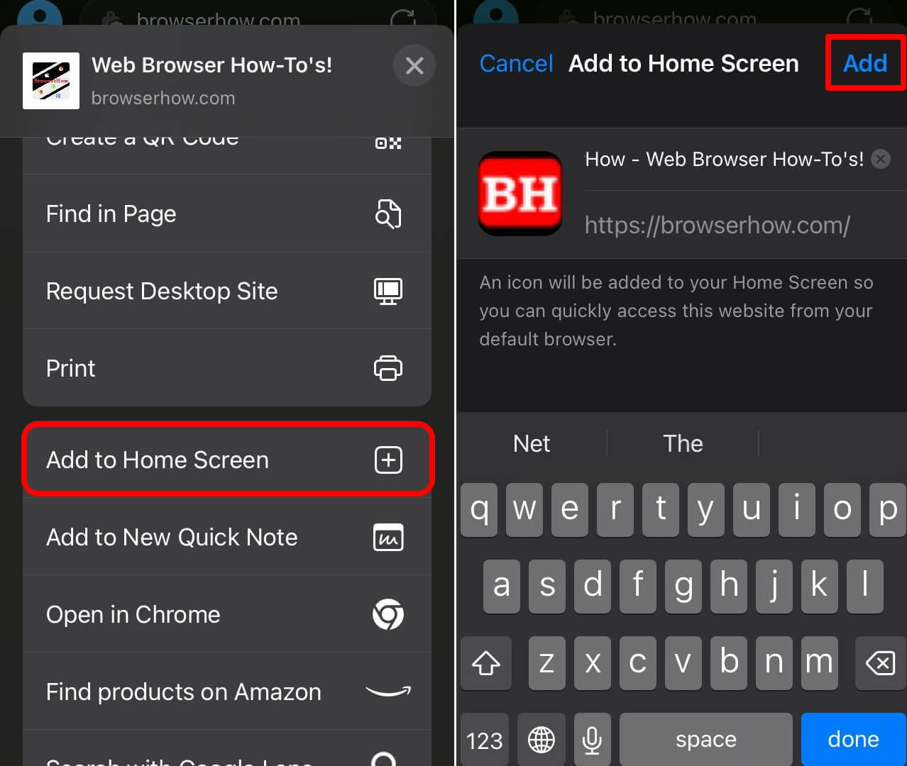 add a site shortcut in Edge browser to iPhone homescreen