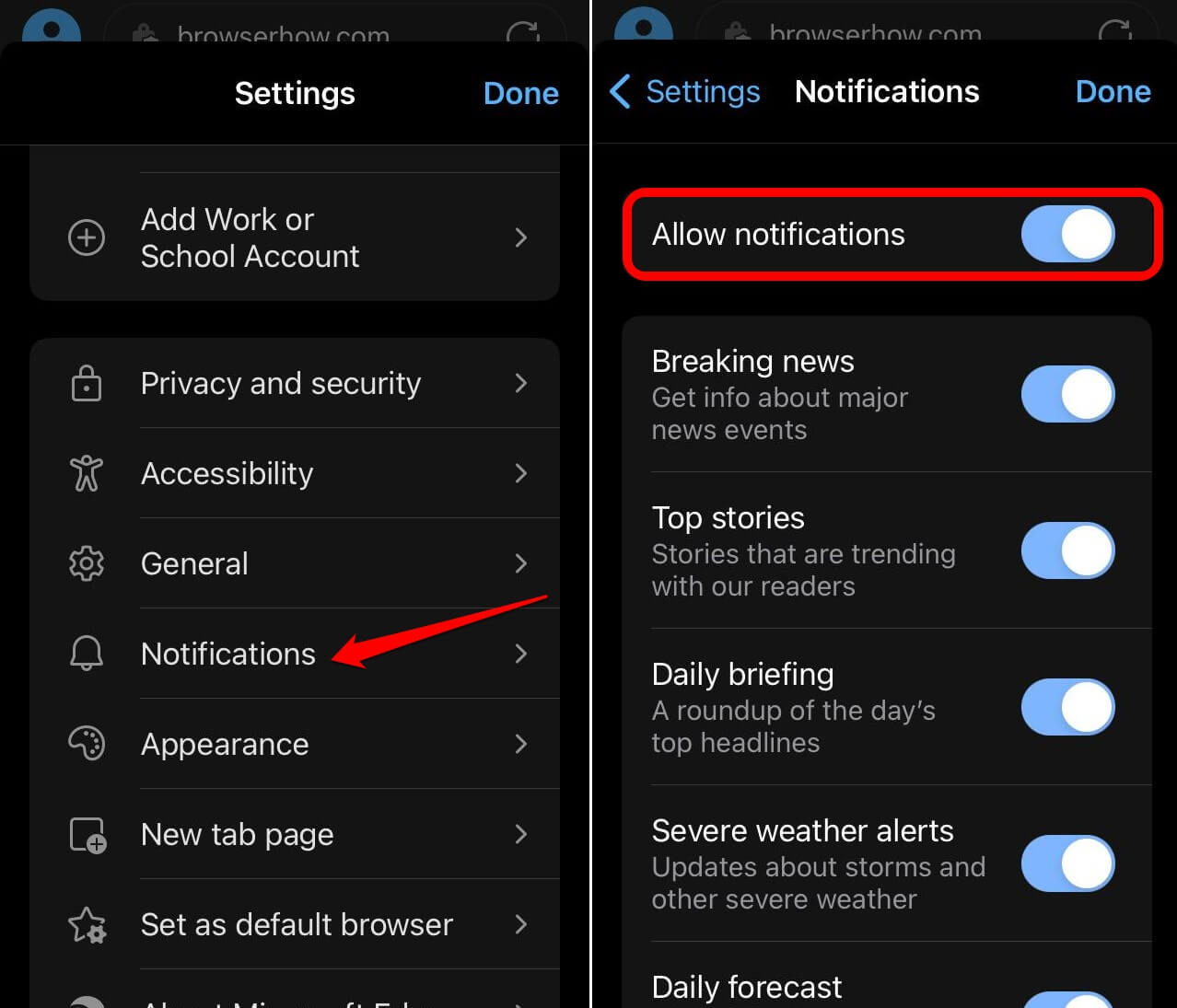 allow all notifications on Edge iOS