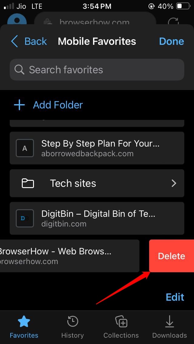 delete a bookmark in Edge browser iPhone