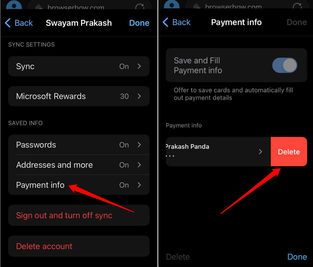 delete a payment method on Edge iOS