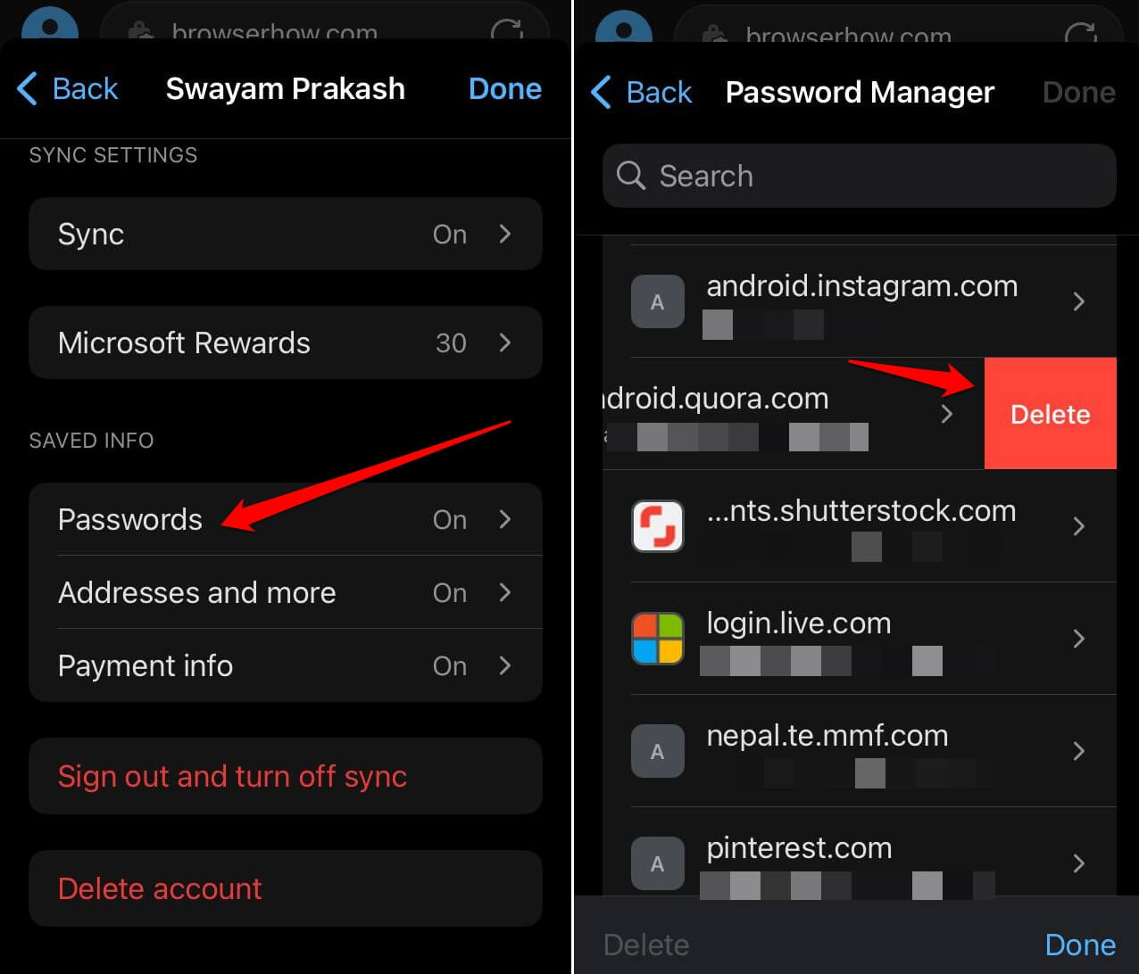 delete a saved password on Edge browser iOS