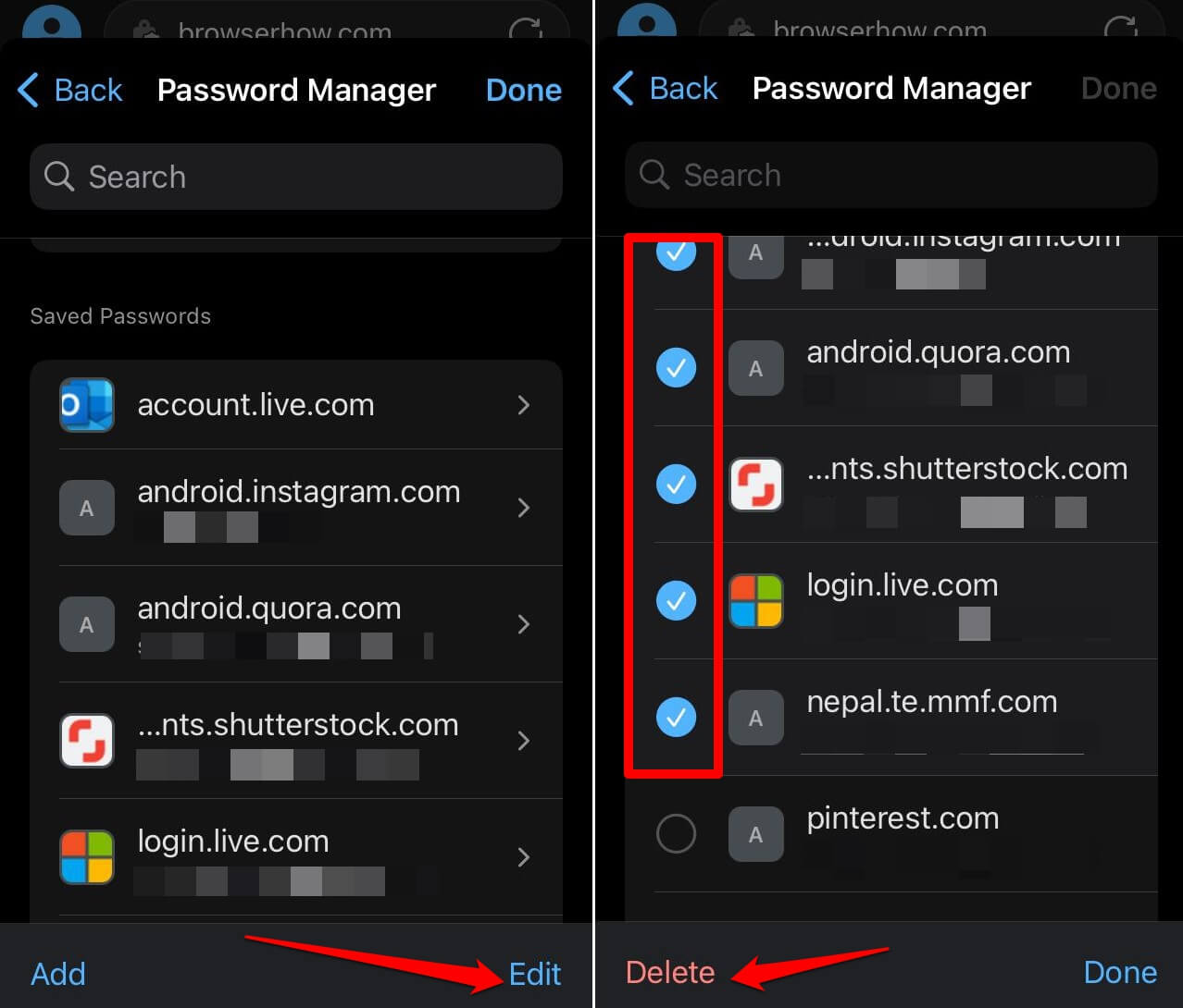 delete multiple saved passwords on Edge browser iOS