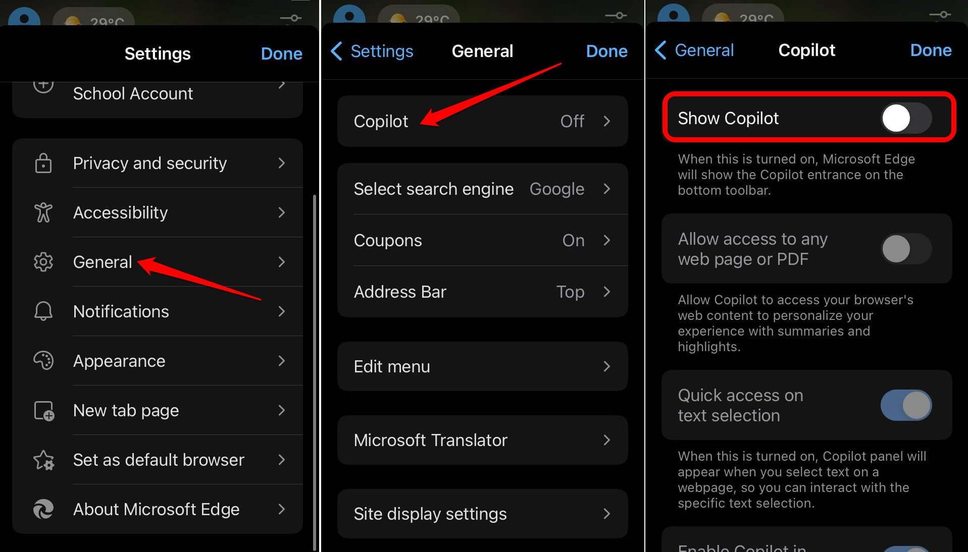 disable copilot from Edge browser homepage on iOS