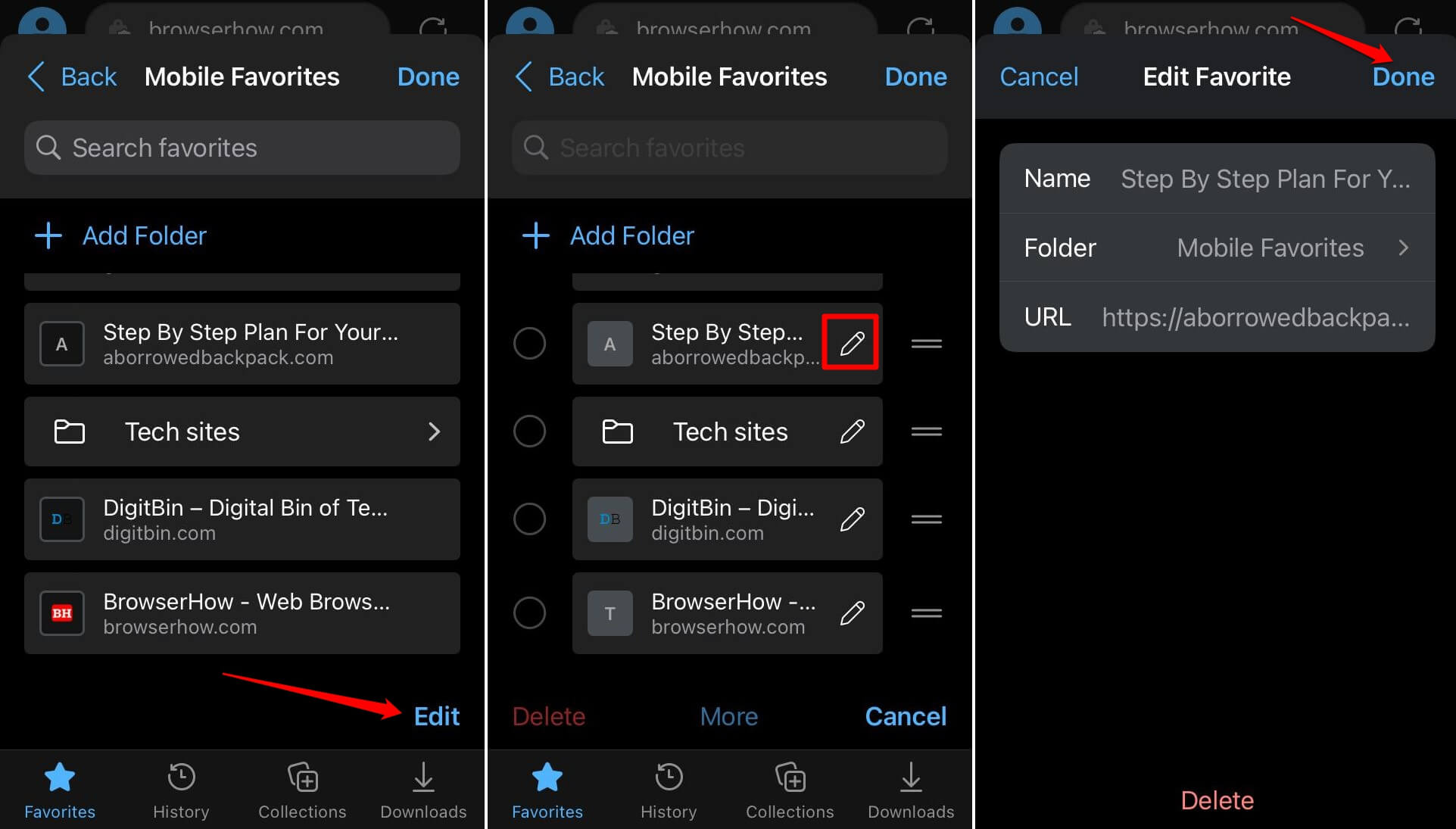 edit a bookmark in Edge browser on iPhone