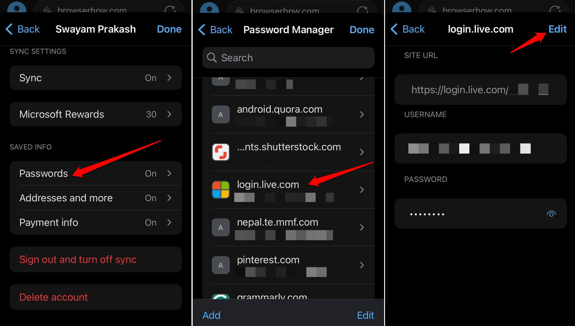 edit a saved password on Edge browser iOS