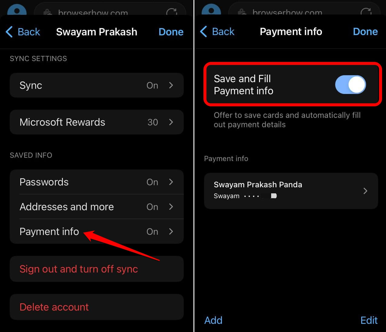 enable autofill payment info on Edge iOS