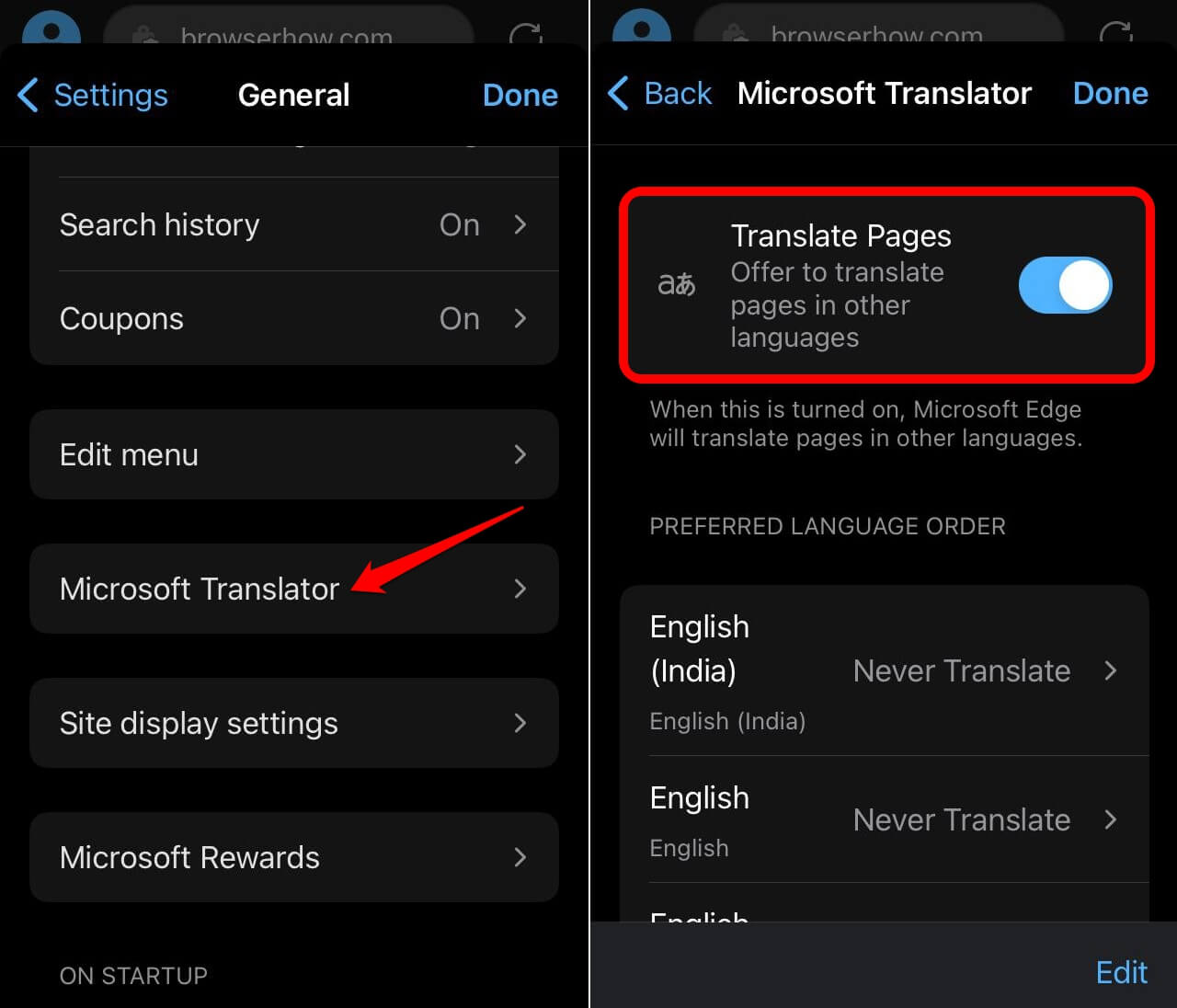 enable automatic page translation on Edge browser iOS 