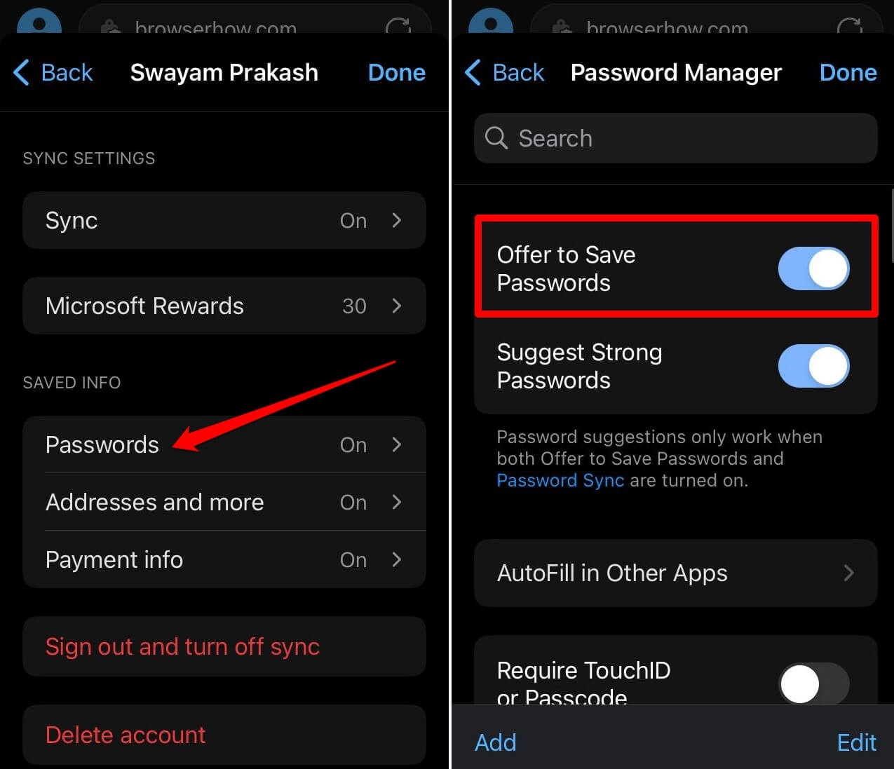 enable saving passwords on Edge browser iOS