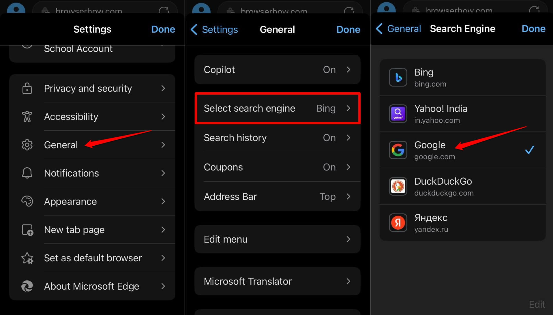 how to change search engine on Edge browser iOS