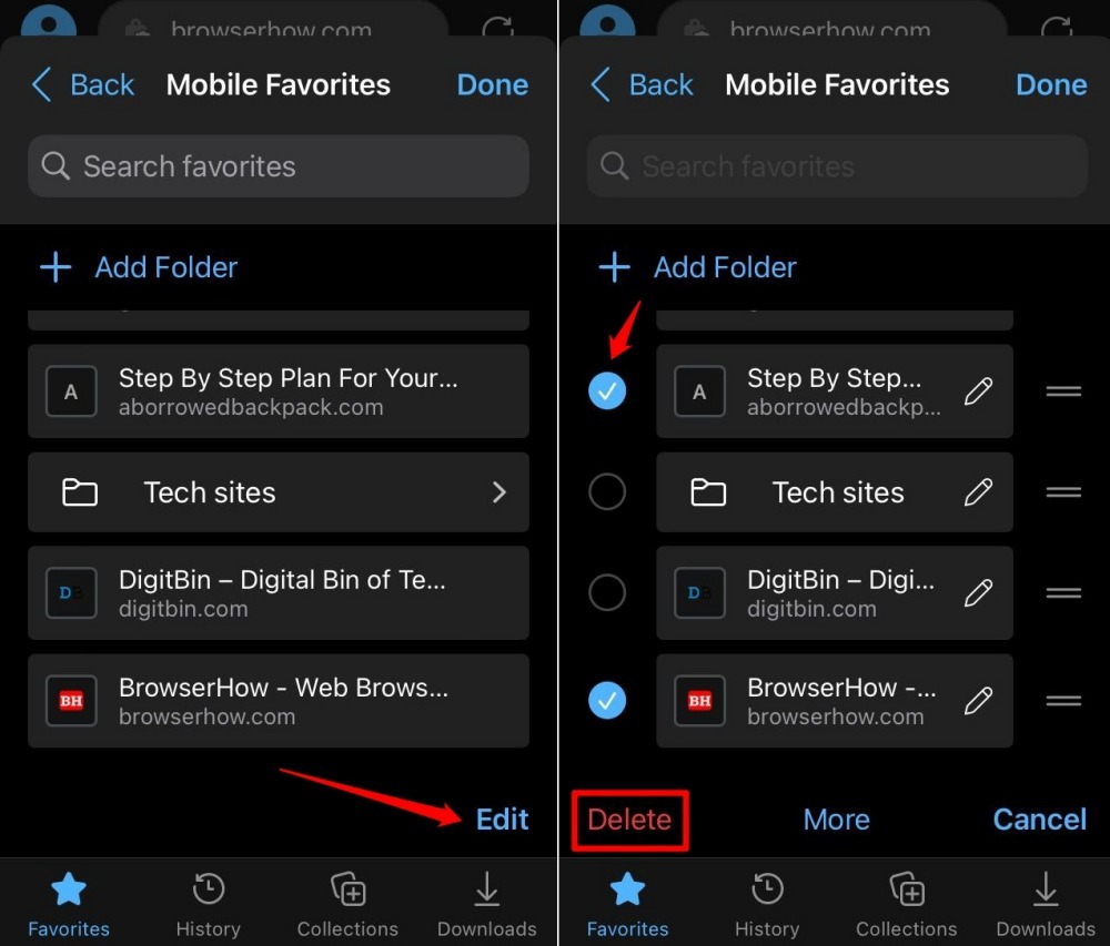 how to delete multiple bookmarks in Edge browser iPhone