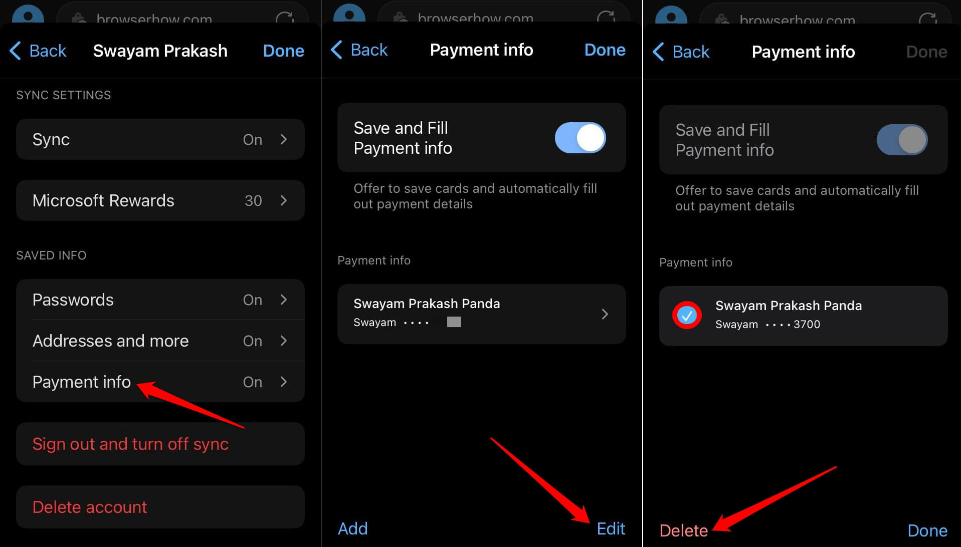 how to delete multiple payment methods on Edge iOS