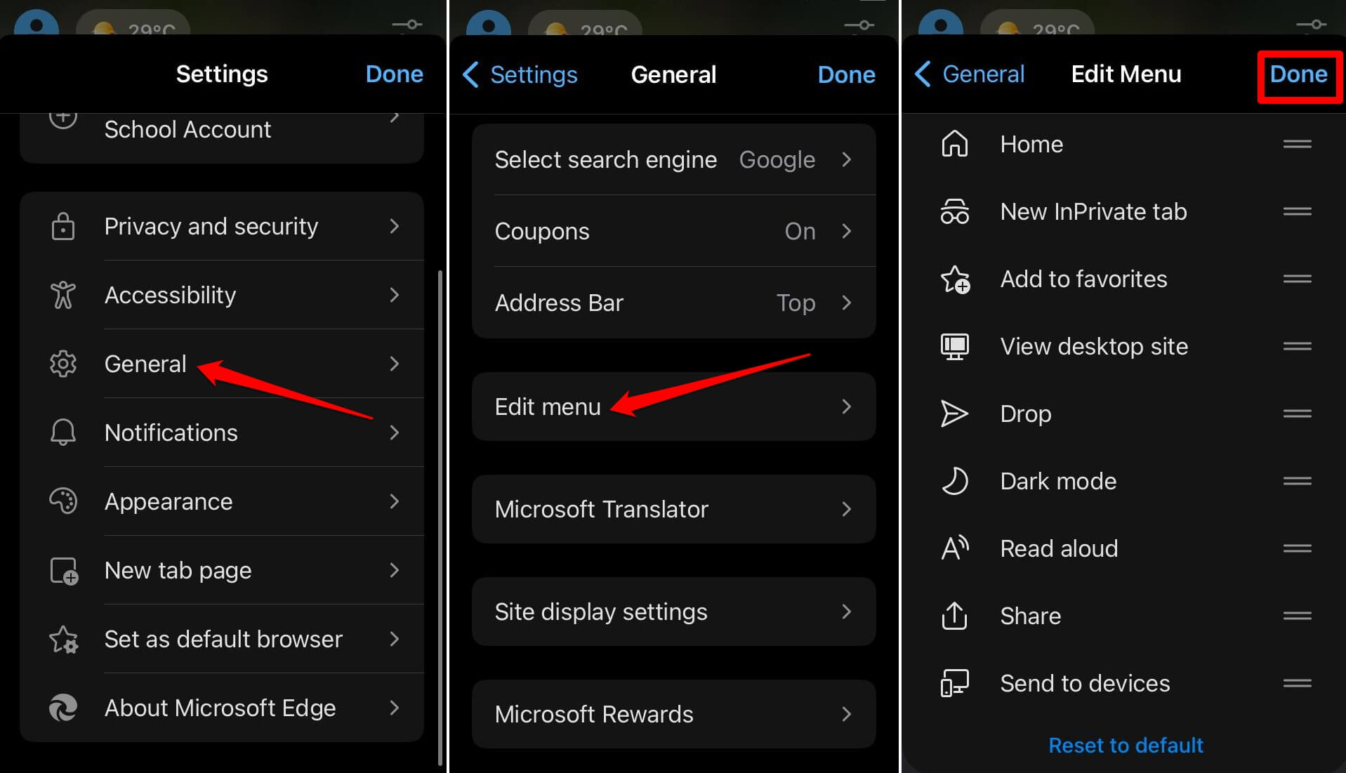 how to edit menu layout in Edge iOS