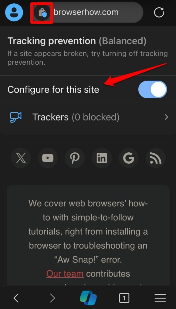 how-to-enable-tracking protection for a site on Edge browser iOS