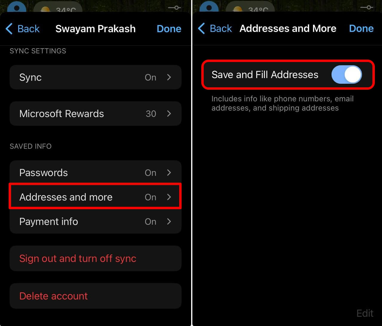 how to save and autofill address on Edge browser iOS