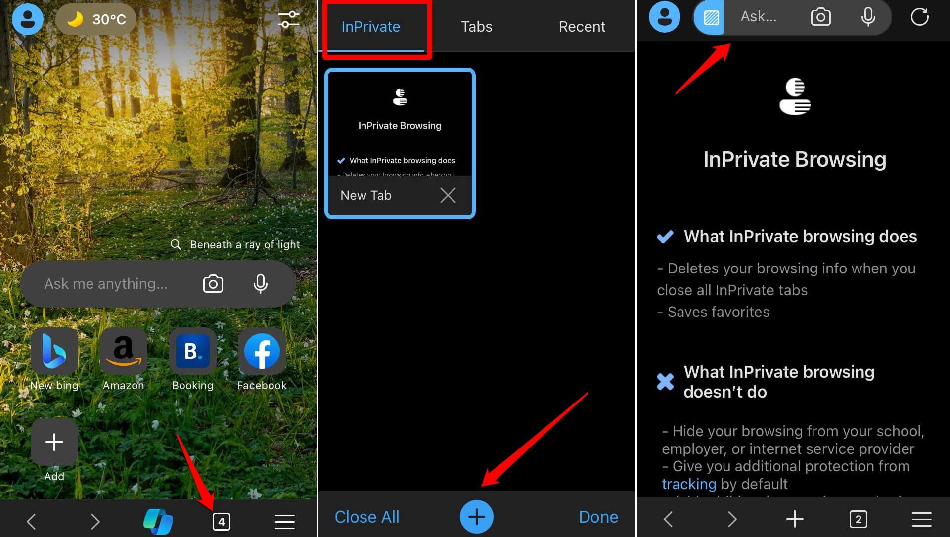 open a new tab in InPrivate mode in Edge on iPhone