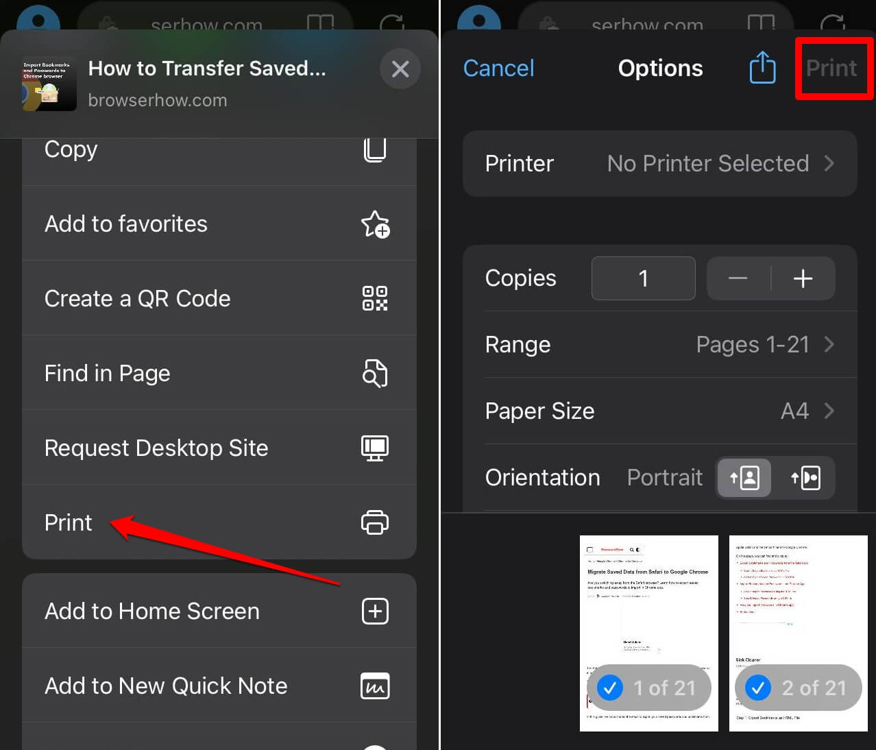 print a page on Edge browser iOS
