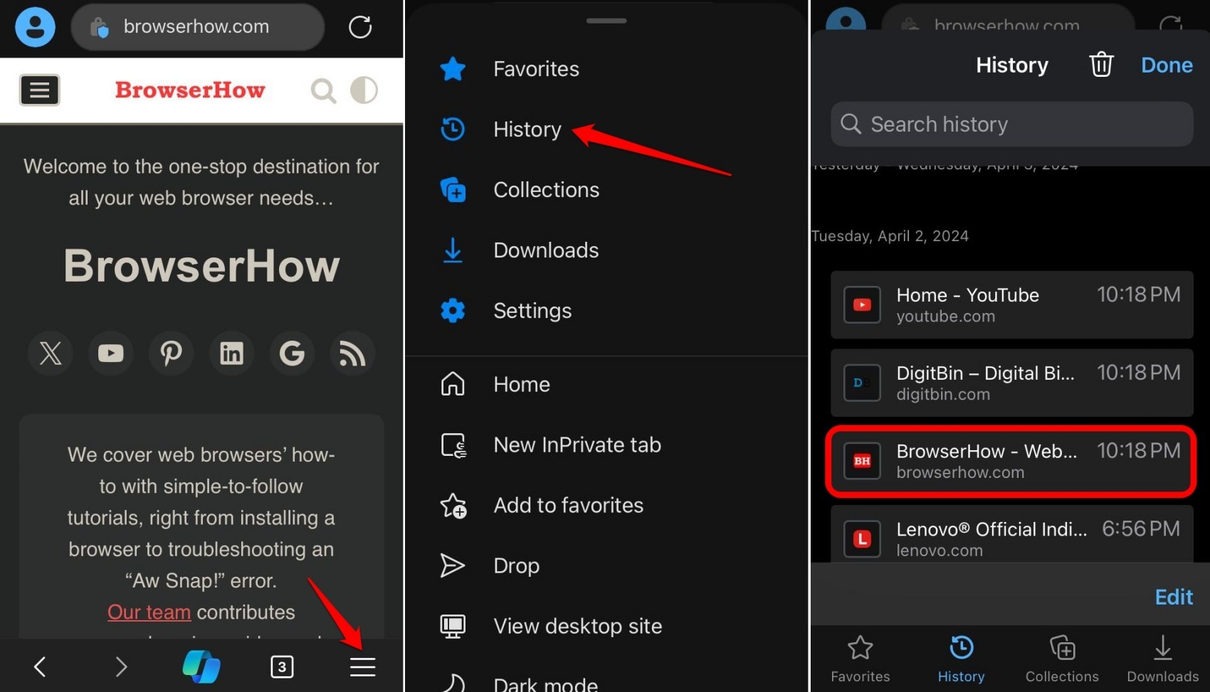 reopen closed tabs from history in Edge browser on iPhone