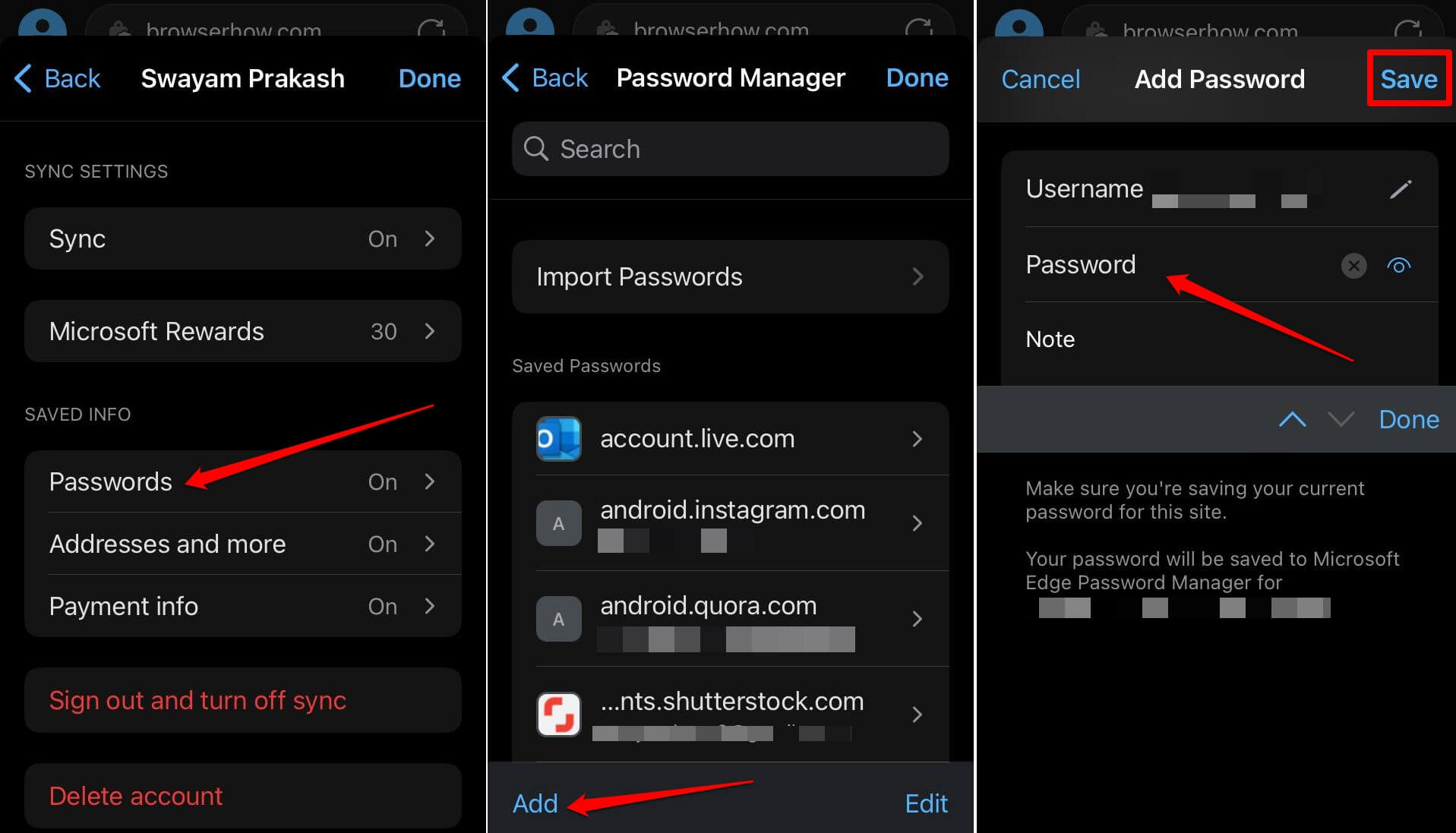 save a password on Edge browser iOS