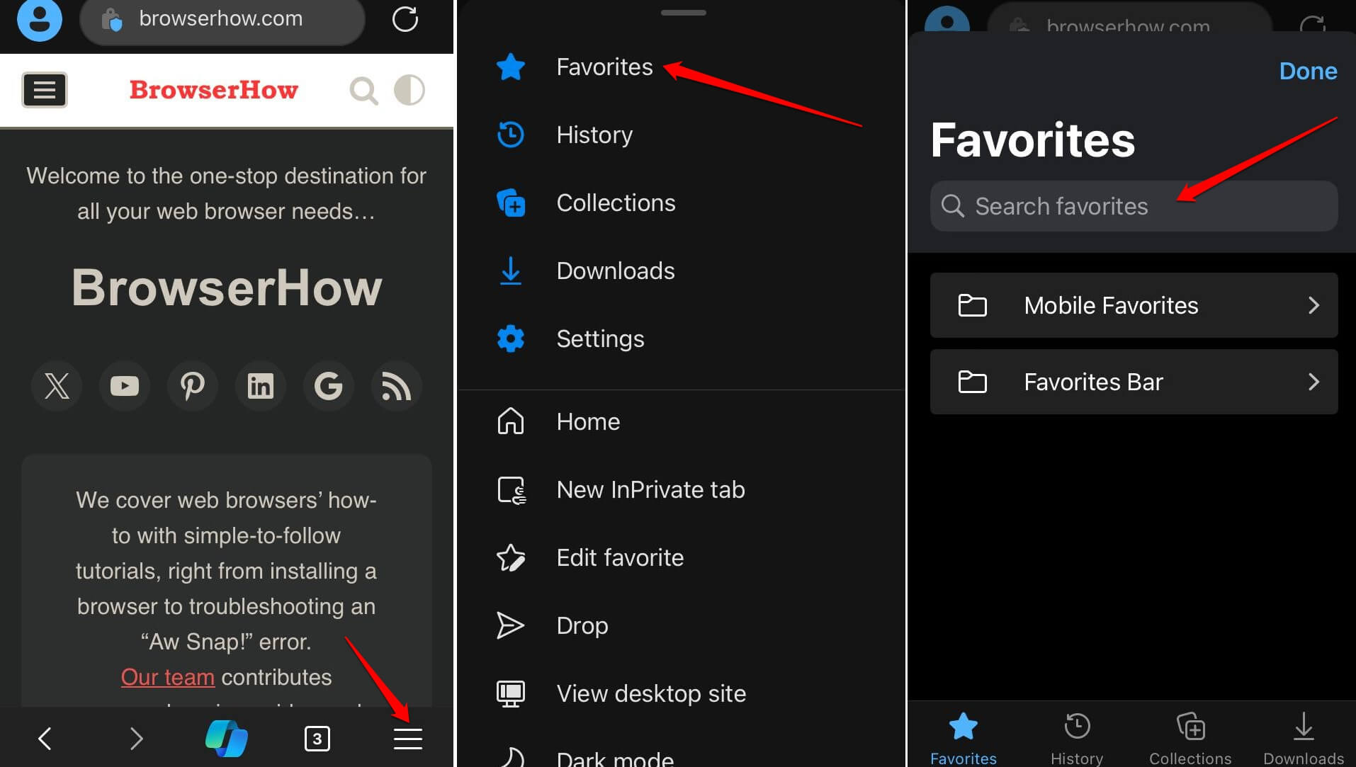 search bookmarks in Edge browser for iOS