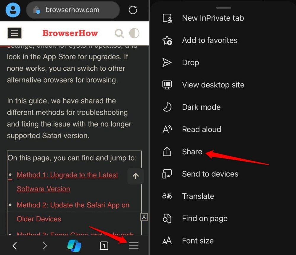 share a webpage on Edge browser iOS