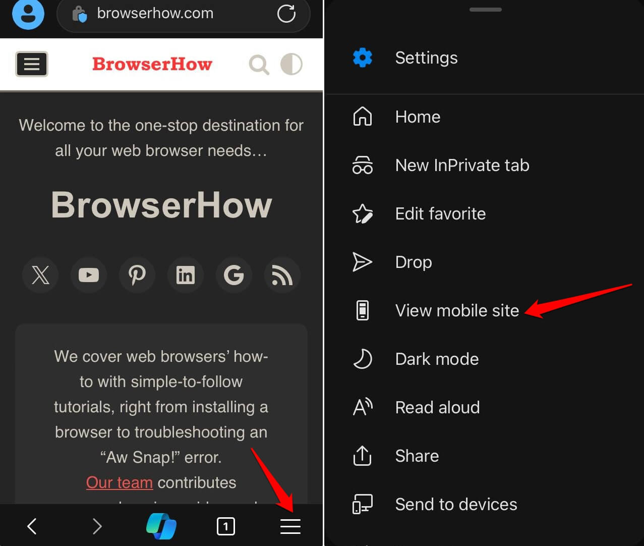 switch to mobile site view in Edge browser iOS