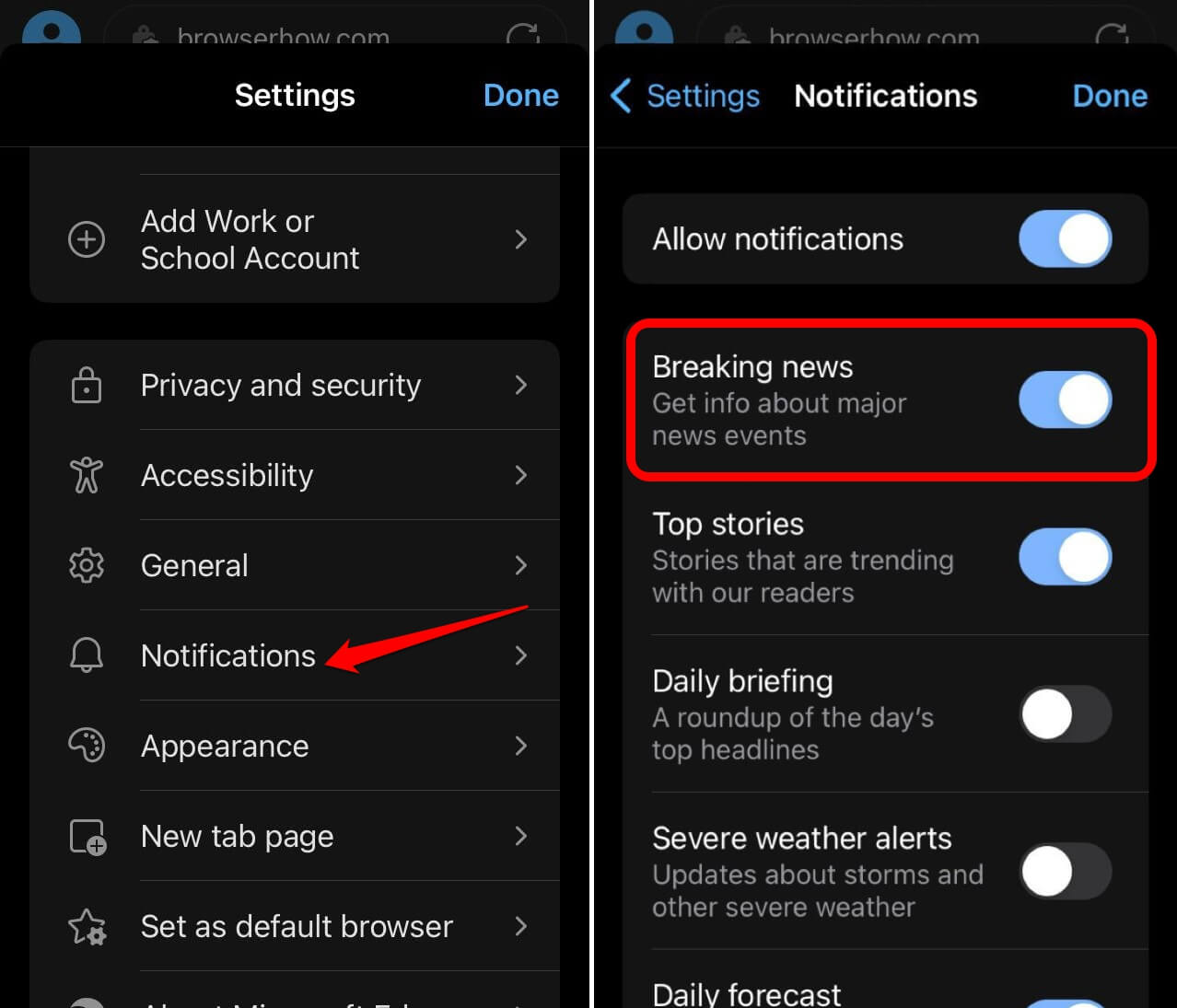 turn on breaking news notifications on Edge iOS