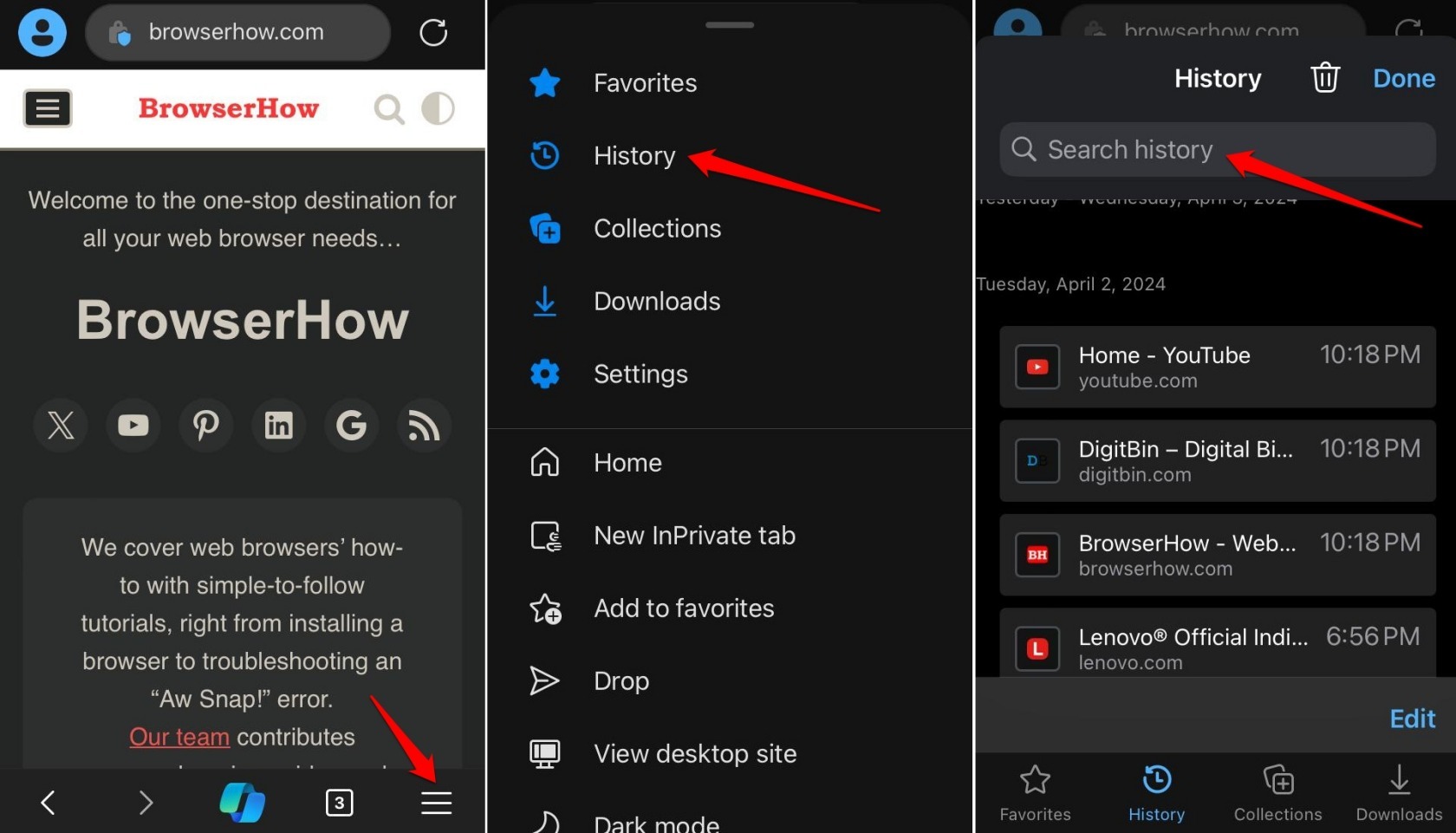 Use Search History bar to find the pages in Edge browser